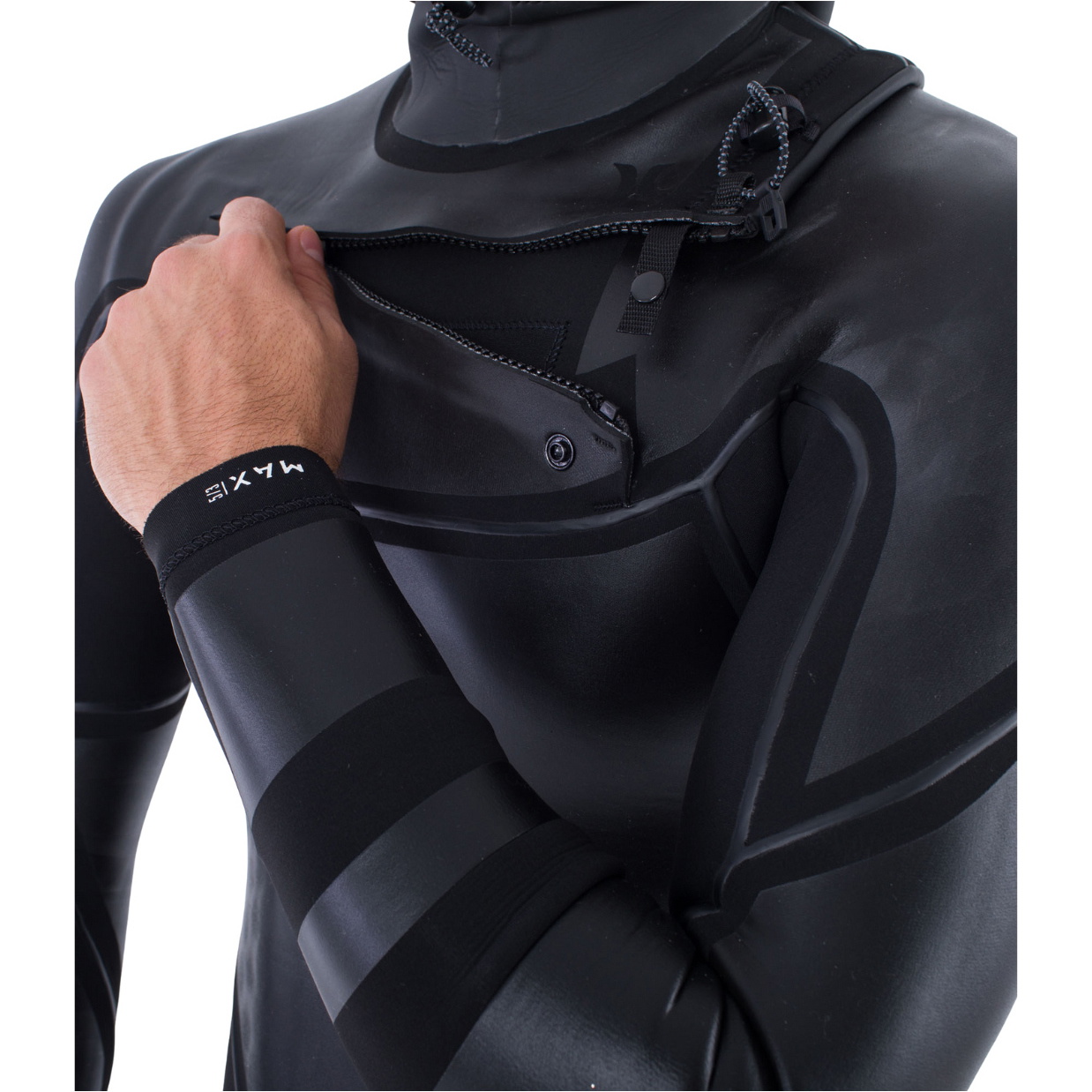 2025 Hurley Heren Max 5/3+mm Met Capuchon Borst Ritssluiting Wetsuit MFS0011503 - Black
